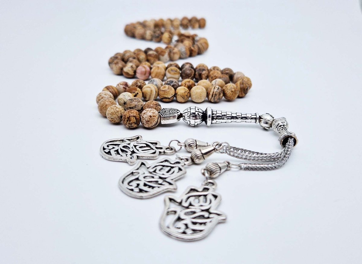 Handgemaakte tesbih "Tasbih" natuursteen "Picture Jasper" - Aantal kralen 99 - Diameter kralen 8MM - met metaal tassel "Maryams handpalm" - Een mooi cadeau-idee