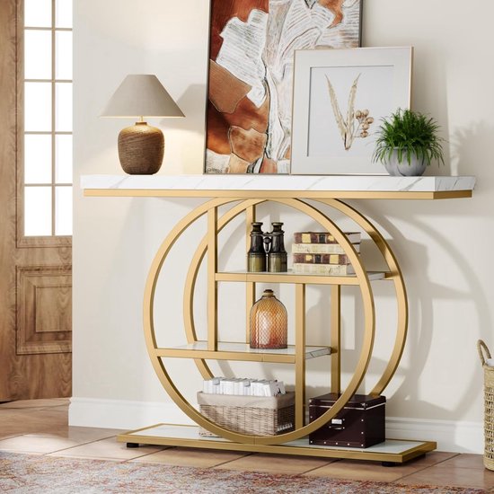 Nancy's Goldfield Console Tafel - Bijzettafel - 2 Niveaus - Gehard Glas Metalen Frame Verstelbare Poten Goud 100 X 35 X 80 Cm
