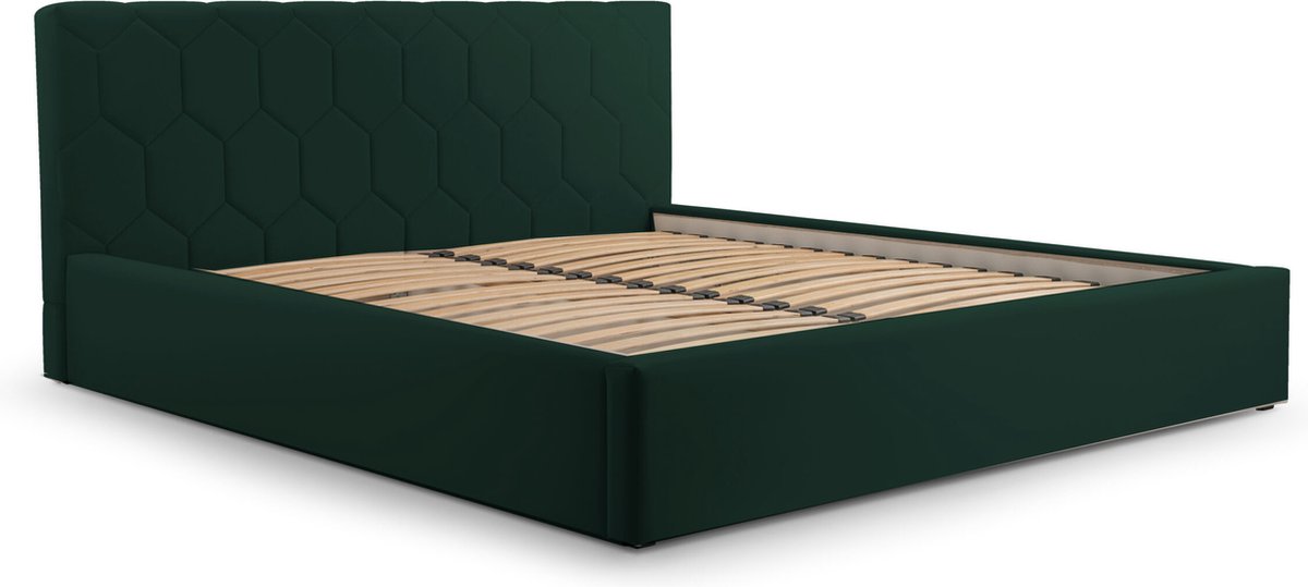 Tweepersoonsbed met fluwelen bekleding, met hoofdeinde, lattenbodem, bed voor volwassenen - BED 02 - 140x200 - Donkergroen (TRINITY 28)