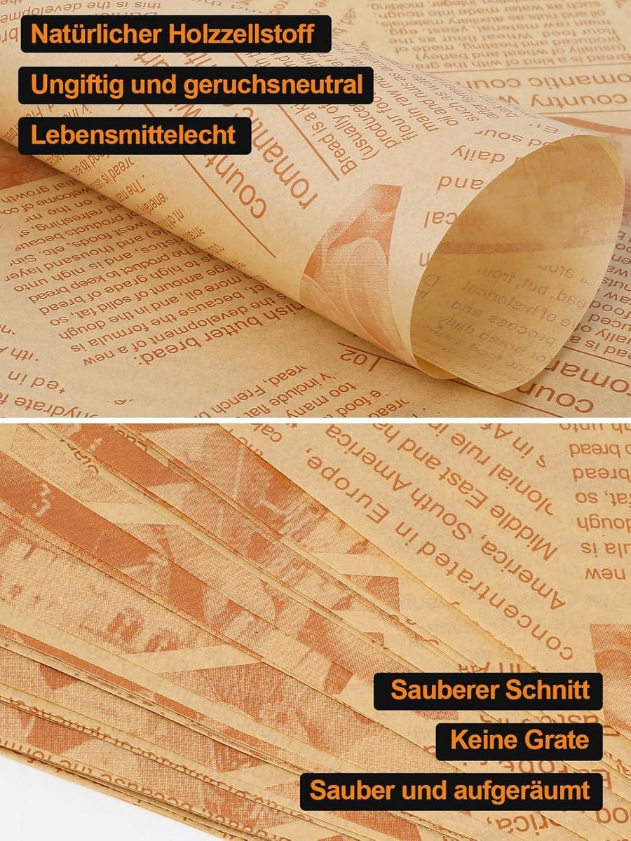 200 vellen kaaspapier, vetbestendig bakpapier met krantenlook, 30 * 20 cm boterhampapier, burgerpapier, waxpapier voor boterham, kaas en patat