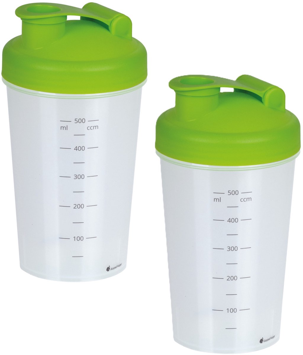 Juypal Shakebeker/shaker/bidon - 2x - 600 ml - groen - kunststof