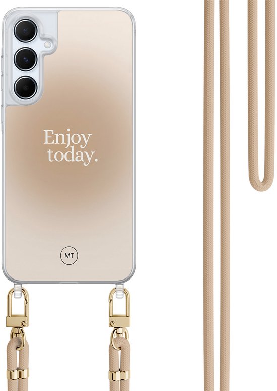 Coque transparente pour Samsung A35 5G avec texte 'Enjoy today.' et cordon beige à détails dorés.