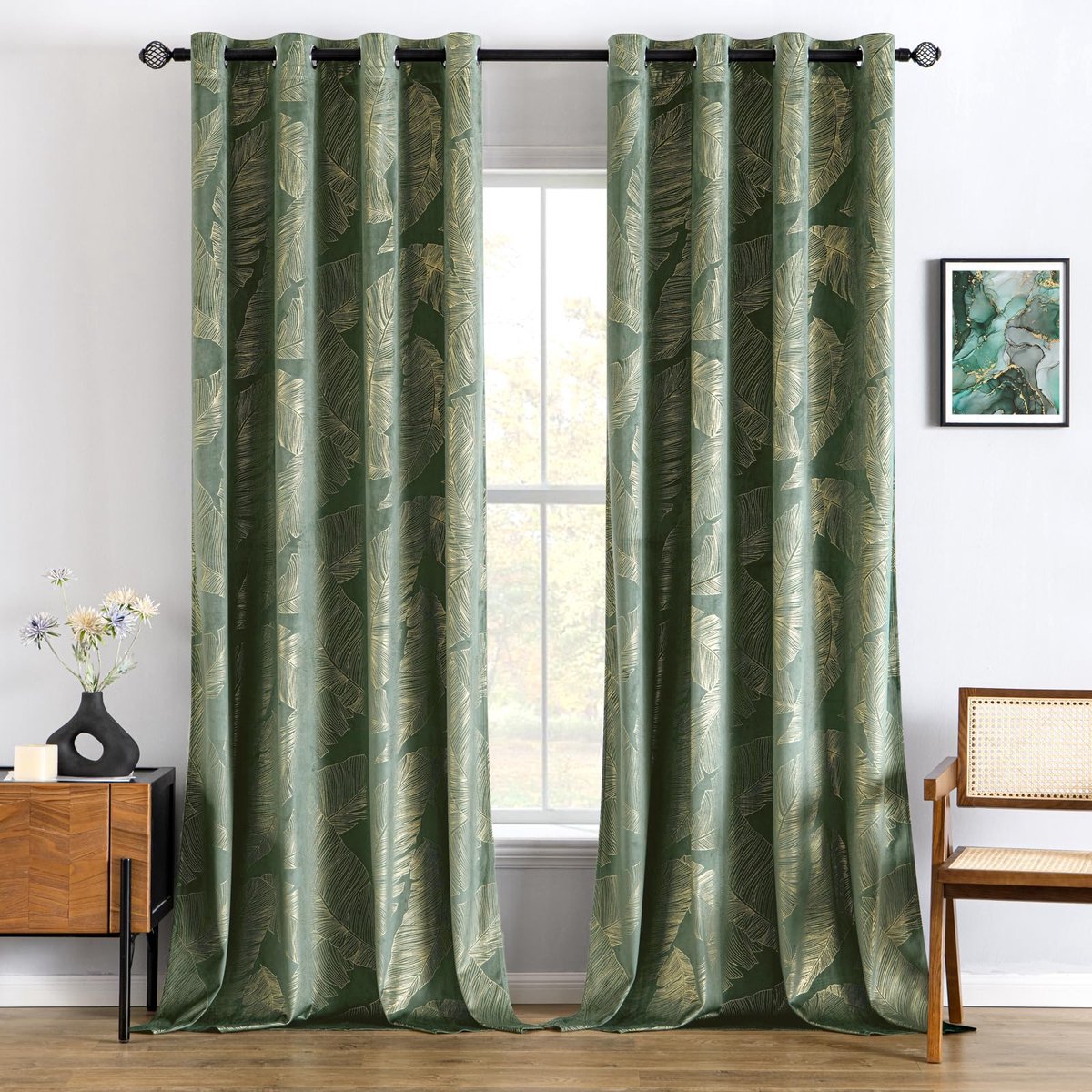 My Ninki ® Elegant Olijfgroene Fluwelen Gordijnen Met Goudfolie Bladerpatroon, Voor Elke Kamer In Uw Huis