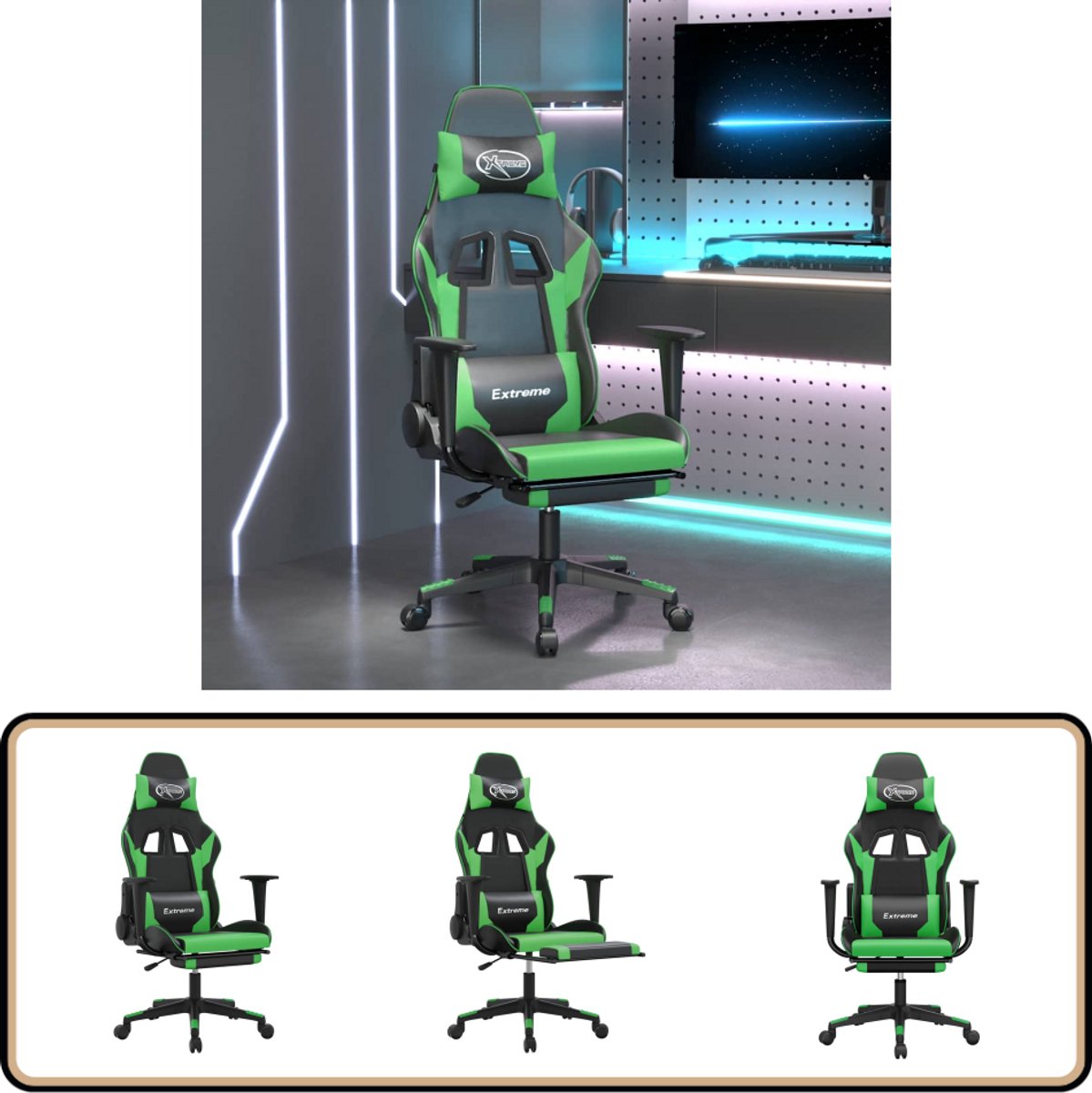 vidaXL Massage - gamestoel - met - voetensteun - kunstleer - zwart - en - groen Zwart en groen