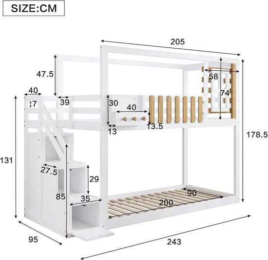 Hoogslaper 90 X 200 Cm Met Glijbaan En Ladder, Grenenhout En MDF Lattenbodem Naturel En Wit