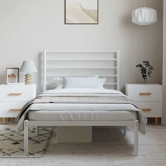 Cadre de lit avec tête de lit en métal blanc The Living Store 100x200 cm - Cadre de lit robuste - Cadre de lit en métal - Cadre de lit Wit - Lit simple - Cadre à sommier tapissier