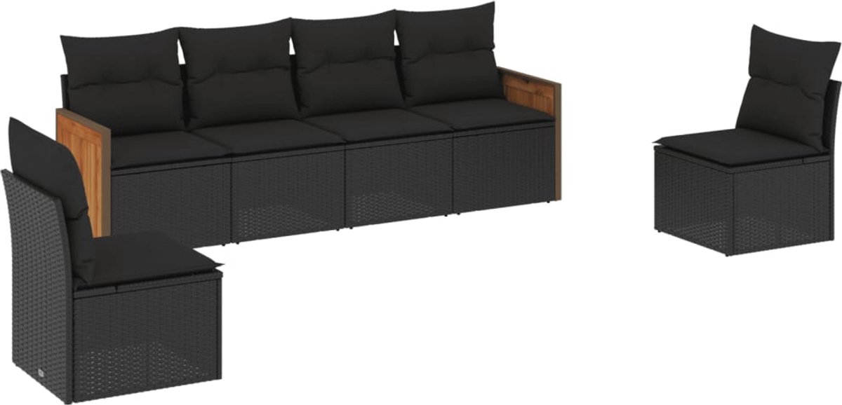 The Living Store 6-delige Loungeset met kussens poly rattan zwart - Loungeset - Tuinset - Lounge Set - Tuinbank - Outdoor Furniture