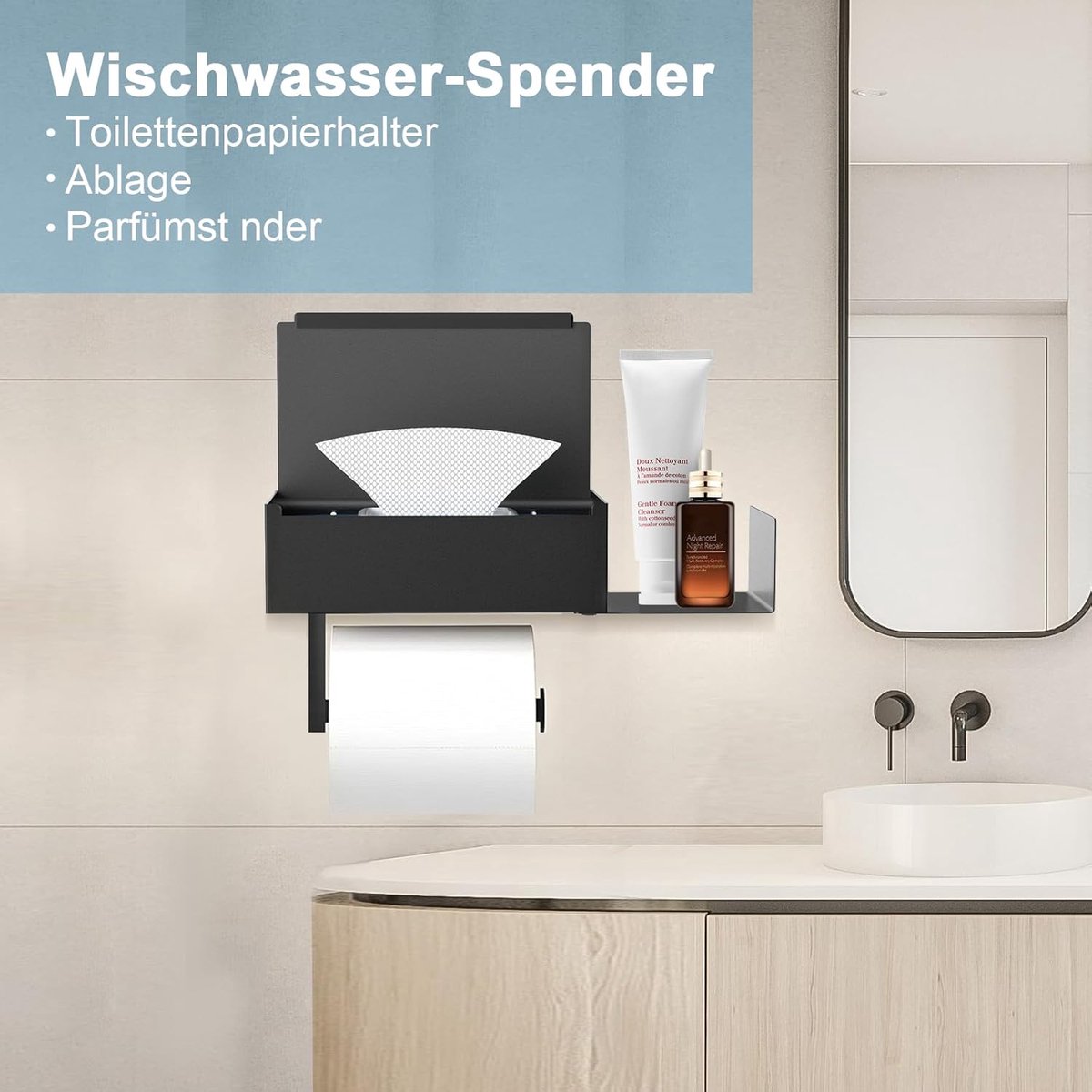EXABANG Toiletpapierhouder zonder boren, wc-rolhouder met box voor vochtige doekjes, wc-rolhouder met plank, bamboe papierhouder voor toilet, badkamer, zelfklevend of boren, zwart