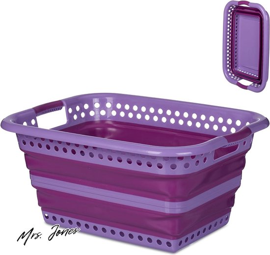Relaxdays opvouwbare wasmand, 36 liter, wasgoedmand van kunststof, ruimtebesparend inklapbaar, handvatten, paars/wit Relaxdays opvouwbare wasmand, 36 liter, wasgoedmand van kunststof, ruimtebesparend inklapbaar, handvatten, paars/wit