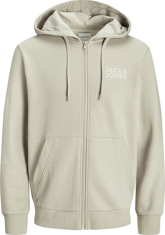 Vue de face d'un sweat à capuche zippé beige JACK & JONES avec capuche, poches kangourou et logo sur la poitrine.