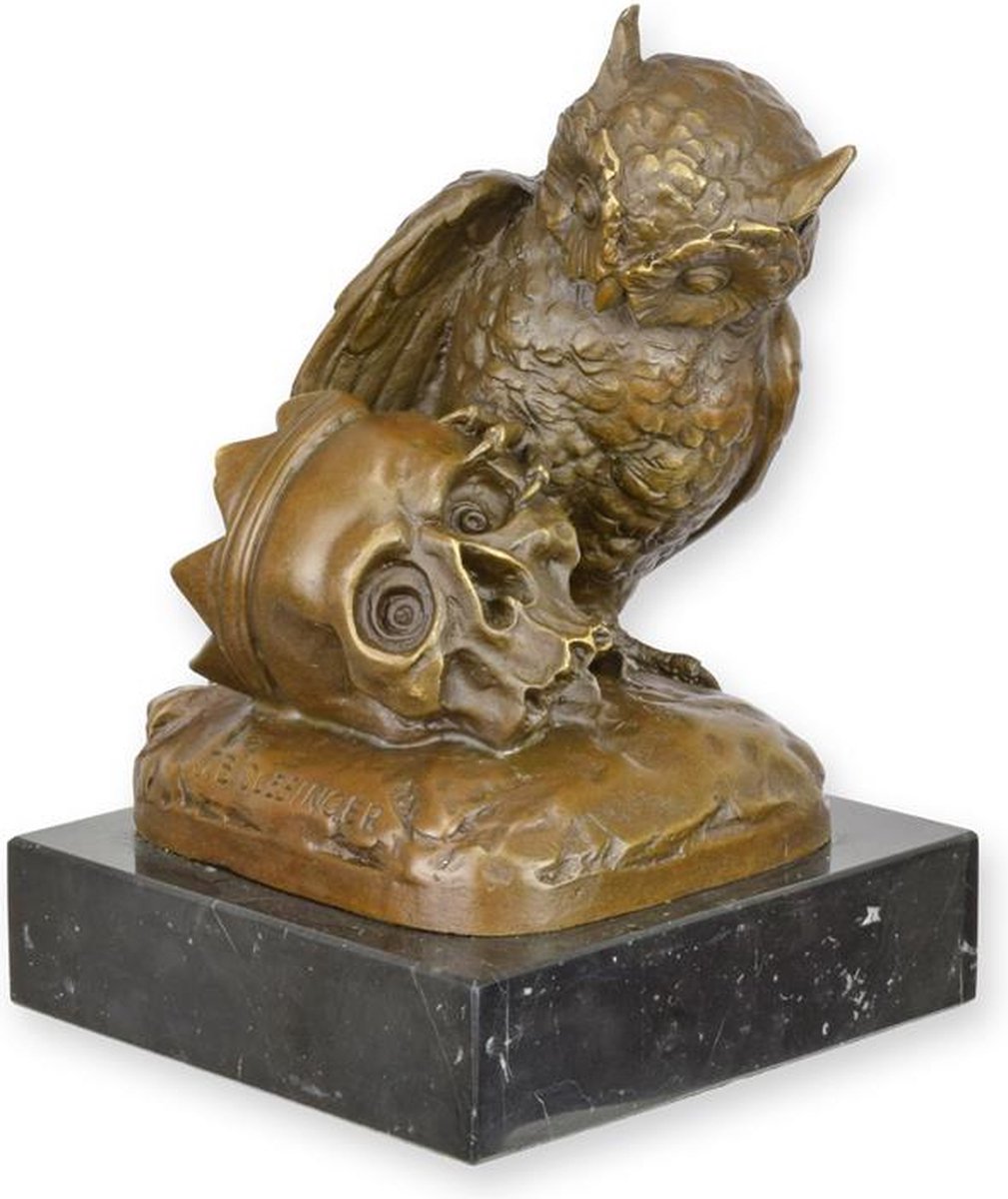 Uil en schedel - Bronzen beeld - sculptuur - 17,6 cm hoog