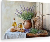 MuchoWow® Glasschilderij 180x120 cm - Schilderij acrylglas - Lavendel - Brood - Stilleven - Foto op glas - Muurdecoratie woonkamer - Wanddecoratie slaapkamer - Schilderijen