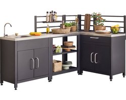 sweeek - Buitenkeuken met 4 stalen modules, unit met spoelbak, planken, lades en opbergruimte