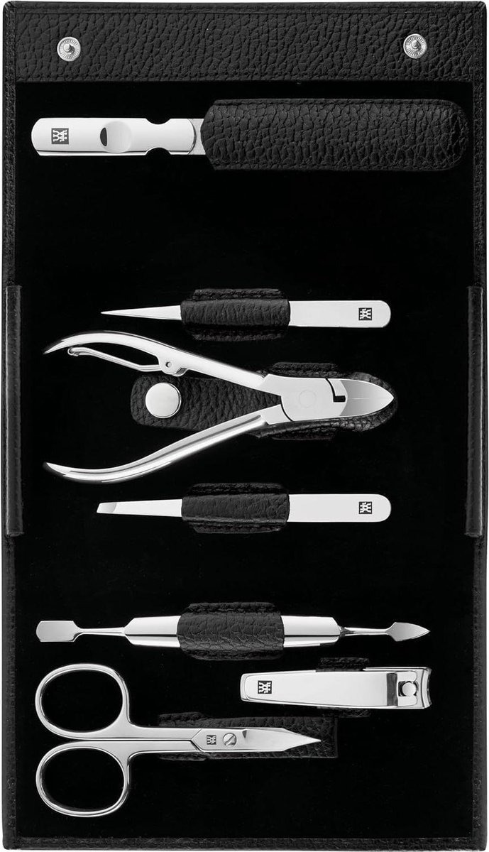 Manicureset 7-delig pedicureset in reisetui van echt leer - zwart roestvrij staal