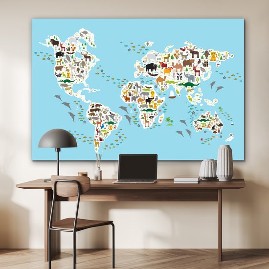 Décoration murale Métal - Peinture Aluminium - Wereldkaart - Enfants - Couleurs - Animaux - 180x120 cm