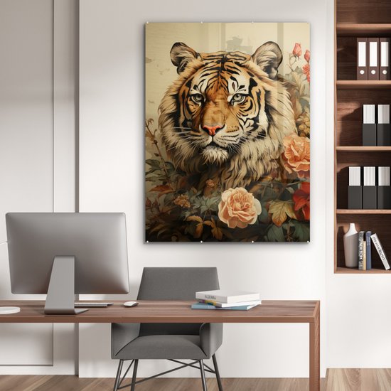 MuchoWow® Glasschilderij 90x120 cm - Schilderij acrylglas - Vintage - Tijger - Bloemen - Dieren - Wit - Foto op glas - Muurdecoratie woonkamer - Wanddecoratie slaapkamer - Schilderijen