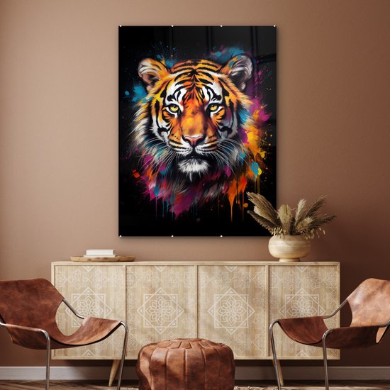 MuchoWow® Tableau sur verre 90x120 cm - Tableau sur verre acrylique - Tigre - Graffiti - Animaux - Zwart - Photo sur verre - Décoration murale salon - Décoration murale chambre - Peintures
