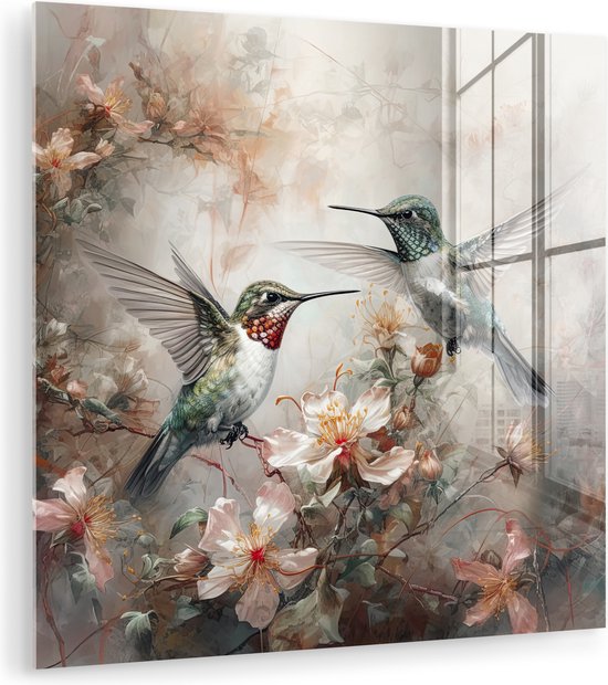 MuchoWow® Glasschilderij 20x20 cm - Peinture acrylique sur verre - Colibri - Vogels - Bloem - Plantes - Photo sur verre - Décoration murale salon - Décoration murale chambre - Peintures