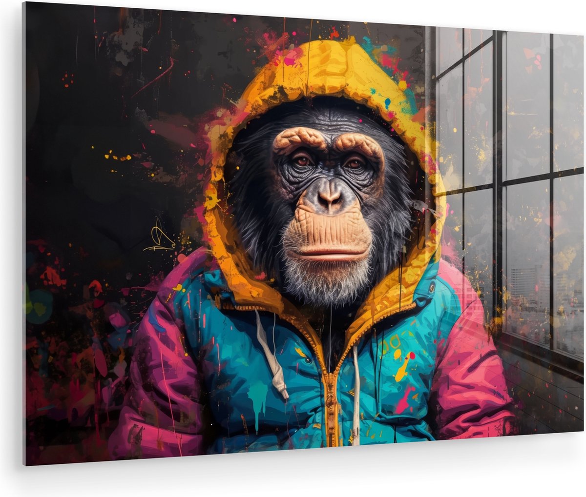 MuchoWow® Glasschilderij 60x40 cm - Schilderij acrylglas - Graffiti - Chimpansee - Jas - Aap - Verf - Foto op glas - Muurdecoratie woonkamer - Wanddecoratie slaapkamer - Schilderijen