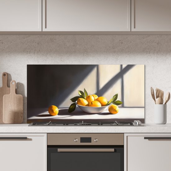 Crédence de Cuisinière en Aluminium 100x50 cm - Citrons - Nature morte - Jaune - Écran Pare-éclaboussures pour Plaque de Cuisson - Protection Murale
