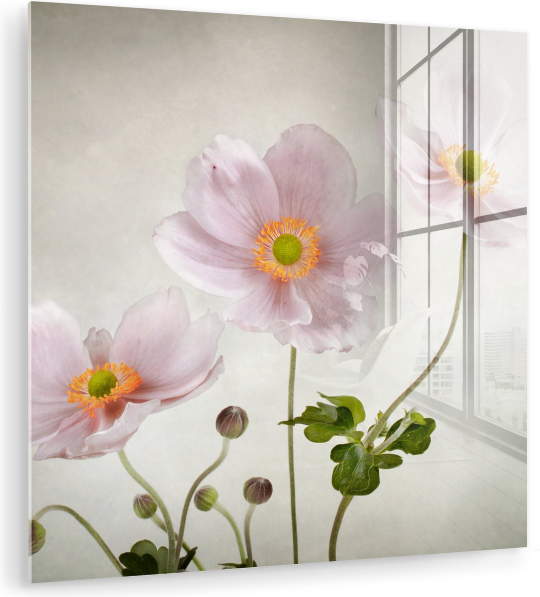MuchoWow® Glasschilderij 90x90 cm - Schilderij acrylglas - Bloemen - Stilleven - Olieverf - Klaproos - Roze - Foto op glas - Muurdecoratie woonkamer - Wanddecoratie slaapkamer - Schilderijen