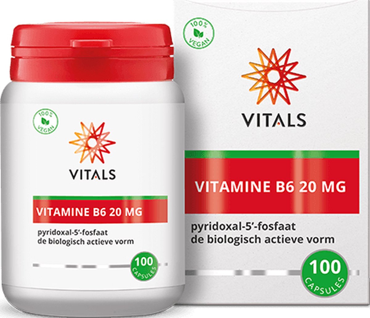 Goedkoopste Vitals Vitamine B6 20 mg - 100 capsules. Bevat een ruime dosering pyridoxal-5'-fosfaat in zuivere, biologisch actieve vorm.