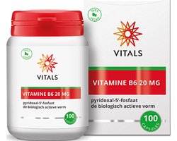 Vitals Vitamine B6 20 mg - 100 capsules. Bevat een ruime dosering pyridoxal-5'-fosfaat in zuivere, biologisch actieve vorm.