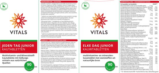 Vitals Elke Dag Junior - 90 kauwtabletten - multivitamine. Voor kinderen. Multivitamine- en mineralenkauwtablet met zoetstoffen uit natuurlijke bron.