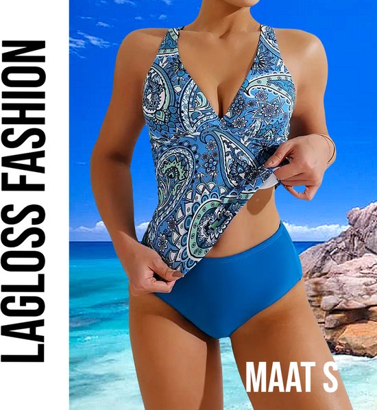 LaGloss® 2-Delige Tankini Set Blauw Paisley Print – Maat S - Modieuze & Comfortabele Dames Badmode