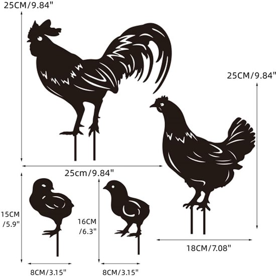Unyqoos ® Metalen Kippenfamilie Tuindecoratie Set van 4 Stuks voor Buiten van Unyqoos — afbeelding 5