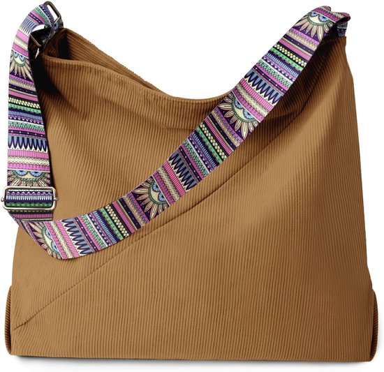 Canvas draagtas - grote corduroy handtas voor dames, voor dagelijks gebruik, kantoor, school en winkelen, Beige, 31.8 x 11 x 34.3 cm