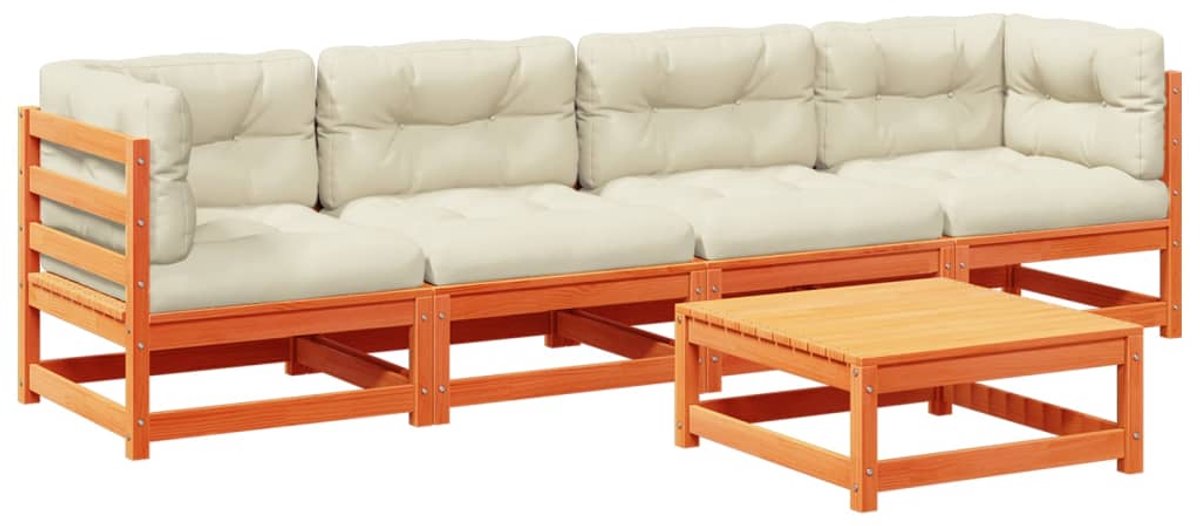 The Living Store 5-delige Loungeset met kussens massief grenenhout wasbruin - Loungebank - Tuinset - Houten Bank - Tuinlounge - Buitendining
