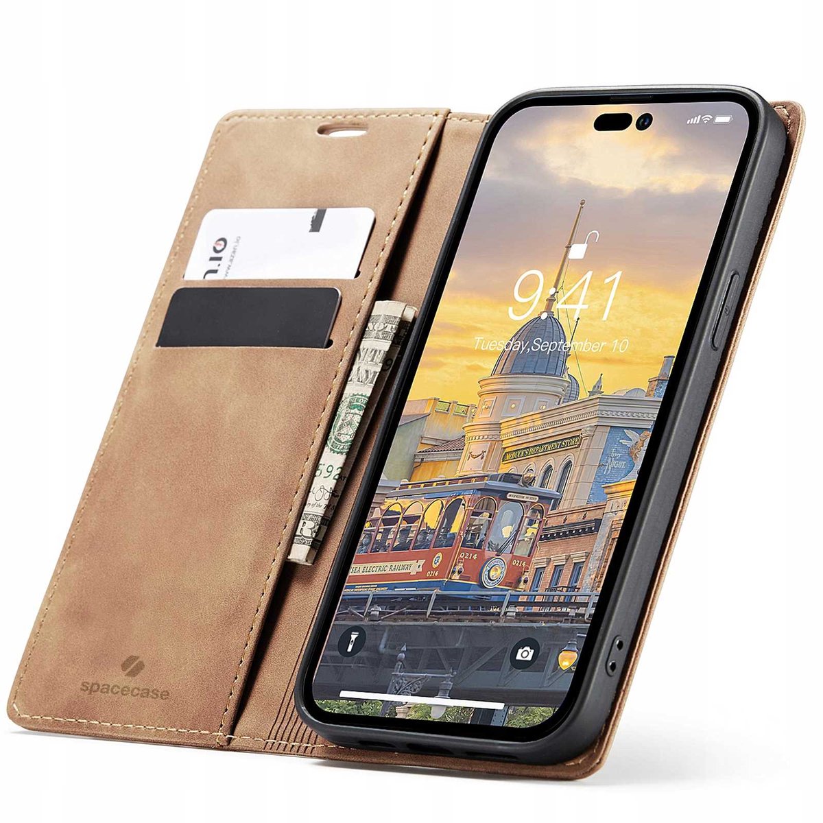 Spacecase Leren Portefeuille Case Voor Iphone 14 Pro Lichtbruin Case Cover