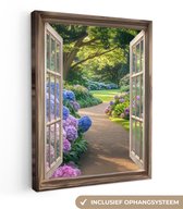 Peinture sur toile 60x80 cm - Décoration murale Vue - Jardin - Fenêtre - Hortensia - Fleurs - Décoration murale murale salon - Décoration chambre - Accessoires chambre - Peintures sur toile
