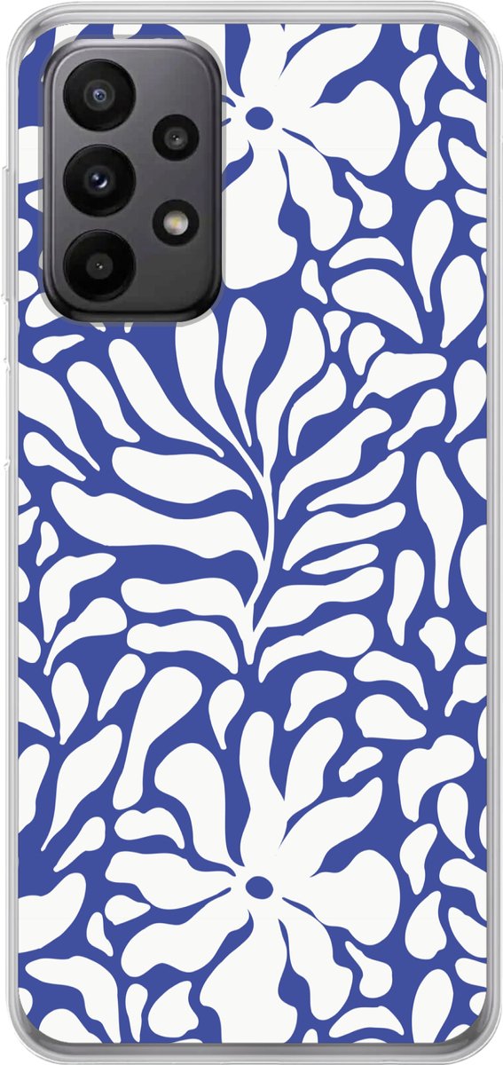 Telefoonhoesje Geschikt voor Samsung Galaxy A23 5G hoesje - Bloemen patroon - Blauw - Wit - Bladeren - Siliconen Telefoonhoesje Telefoonhoesje