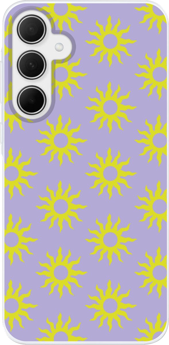 Telefoonhoesje Geschikt voor Samsung Galaxy A36 hoesje - Zonnen patroon - Geel - Paars - Zomer - Siliconen Telefoonhoesje Telefoonhoesje