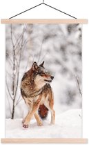 Posterhanger incl. Poster 60x90 cm - Schoolplaat - Wolf - Winter - Sneeuw - Natuur - Dieren - Textielposter - Blanke latten