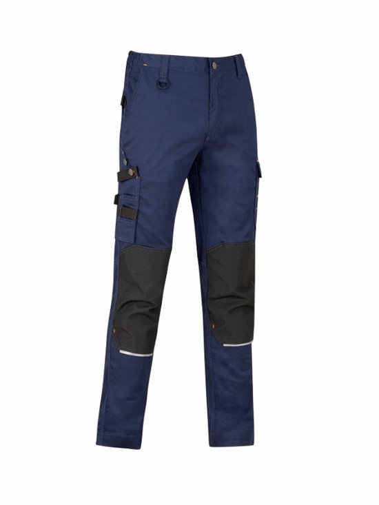 Pantalon de travail bleu marine pour homme avec genouillères noires, poches cargo et passepoil réfléchissant.