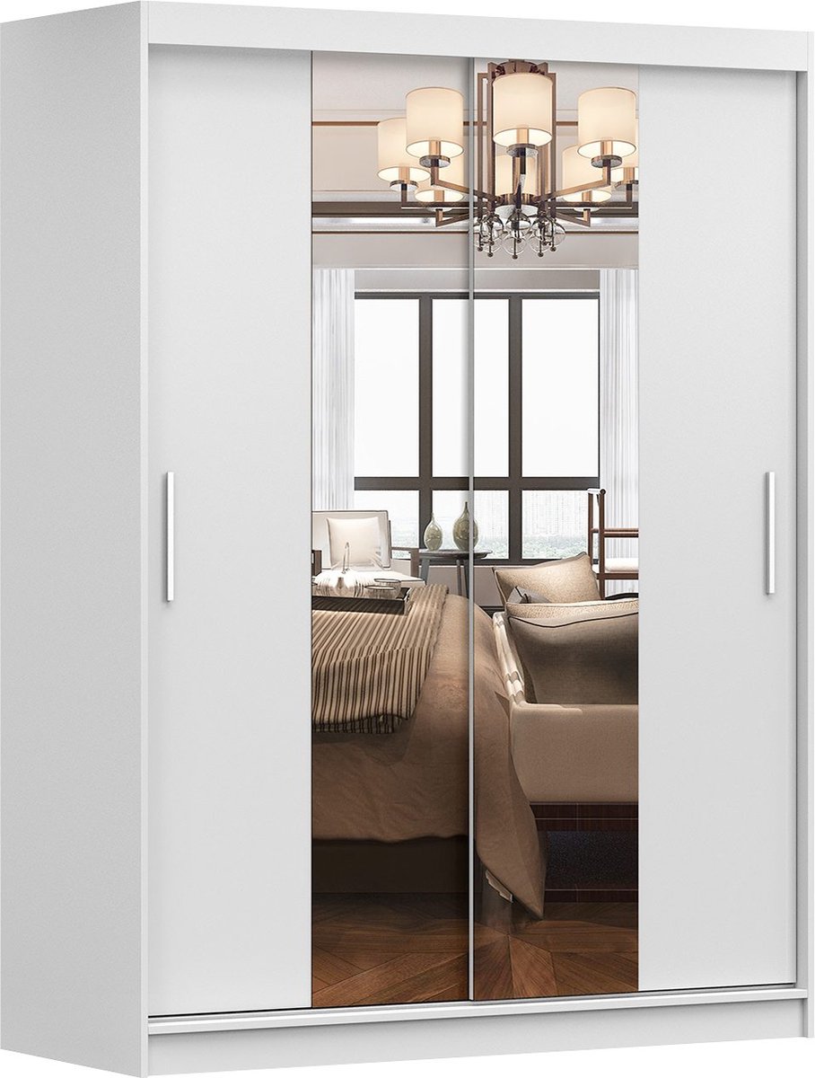 Schuifdeurkast LARA 01 – 2-deurs kledingkast met spiegel, legplanken en kledingroede – modern design – 150x200x61 cm - LARA 01 (Wit)