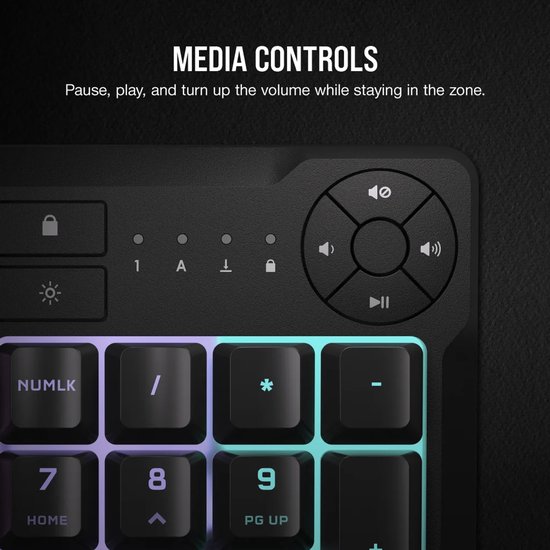 Detailopname van de media- en volumeknoppen op een zwart toetsenbord met RGB-verlichting.