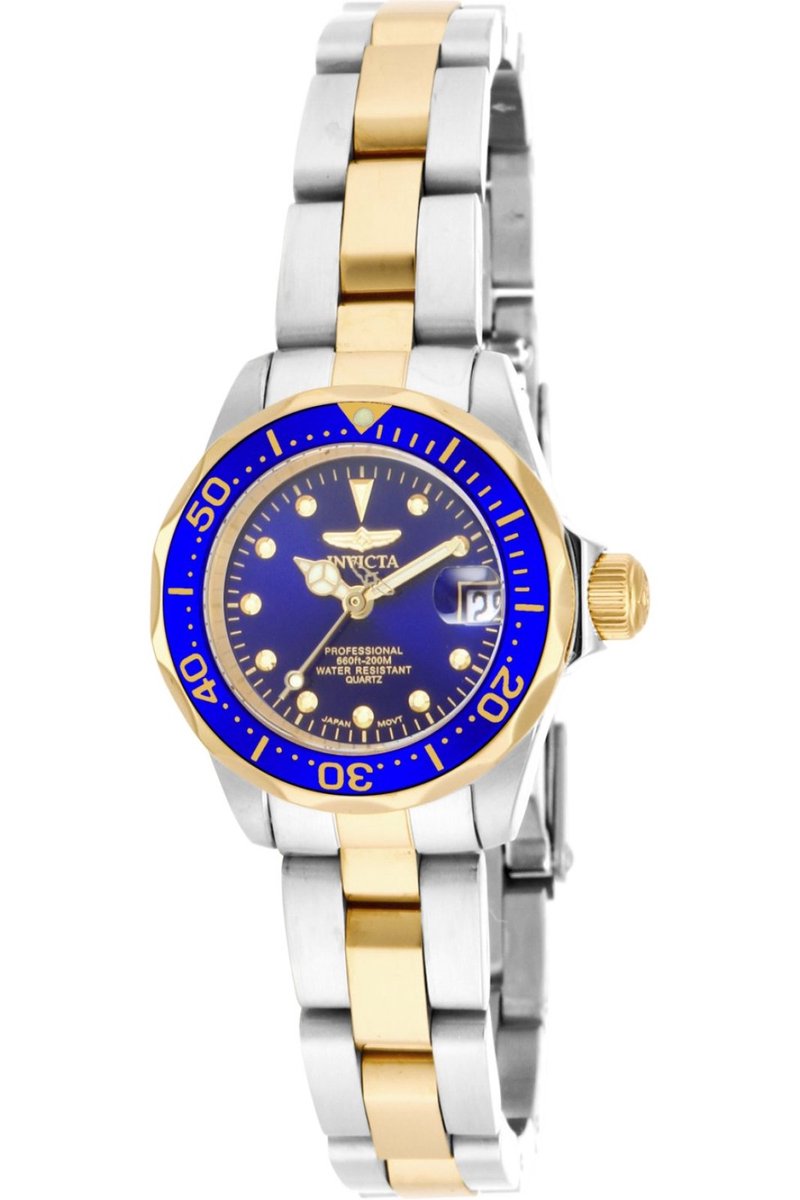Invicta Pro Diver 17035 Dames Horloge - Waterdicht - Analoog - Quartz Uurwerk - Roestvrij Staal met blauwe Wijzerplaat - 24mm