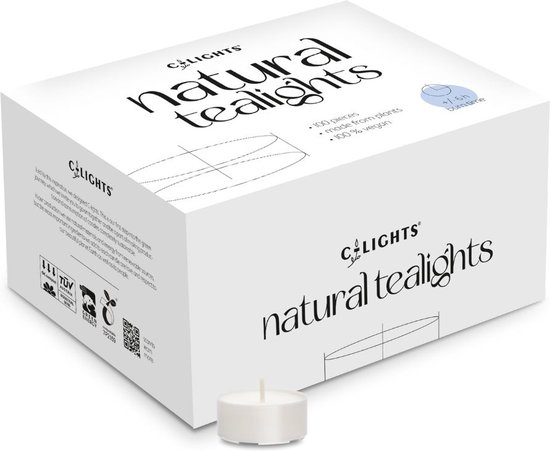 C-Lights natuurlijke theelichtjes (100 stuks) – Duurzame, vegan waxinelichtjes met 6 uur brandtijd C-Lights natuurlijke theelichtjes (100 stuks) – Duurzame, vegan waxinelichtjes met 6 uur brandtijd