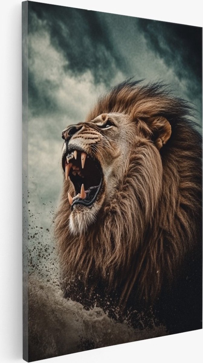 Saammp Canvas Schilderij - Brullende Leeuw - storm - Dieren - Natuur - 30x40 - Foto op canvas - Wanddecoratie - Muurdecoratie Woonkamer - Slaapkamer decoratie - Canvas Print Multicolor