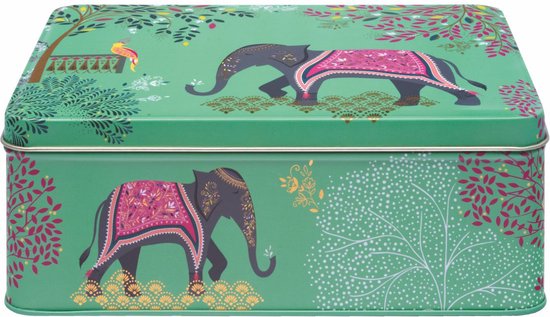 Boîte de conservation verte ornée d'un motif de deux éléphants portant des couvertures roses, entourés d'arbres et d'oiseaux.