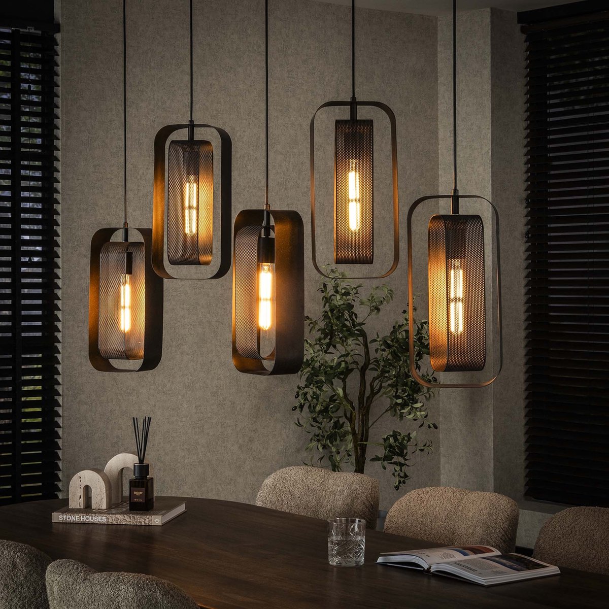 PS-Collection Mesh Rotate 5L Hanglampen - 145x20x150 cm - Zwart - Metaal - hanglampen eetkamer, hanglamp zwart, hanglampen woonkamer, hanglamp slaapkamer, hanglamp kinderkamer, hanglamp rotan, hanglamp hout, hanglamp industrieel