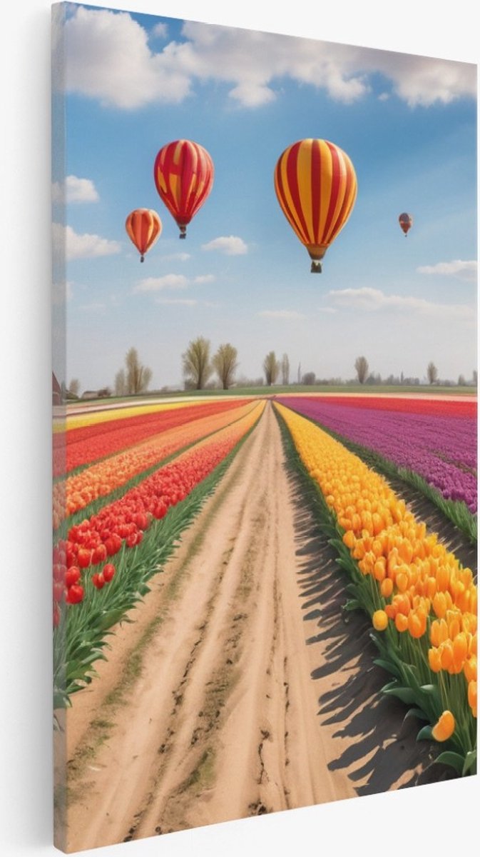 Saammp Canvas Schilderij - Landschap - Luchtballonnen boven een tulpenveld met een molen - Natuur - 60x90 - Foto op canvas - Wanddecoratie - Muurdecoratie Woonkamer - Slaapkamer decoratie - Canvas Print Multicolor
