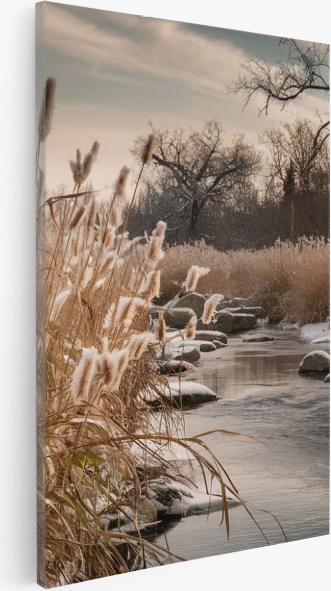 Saammp Canvas Schilderij - Bevroren Gras - Bloemen - Landschap - Natuur - 100x150 - Foto op canvas - Wanddecoratie - Muurdecoratie Woonkamer - Slaapkamer decoratie - Canvas Print Multicolor