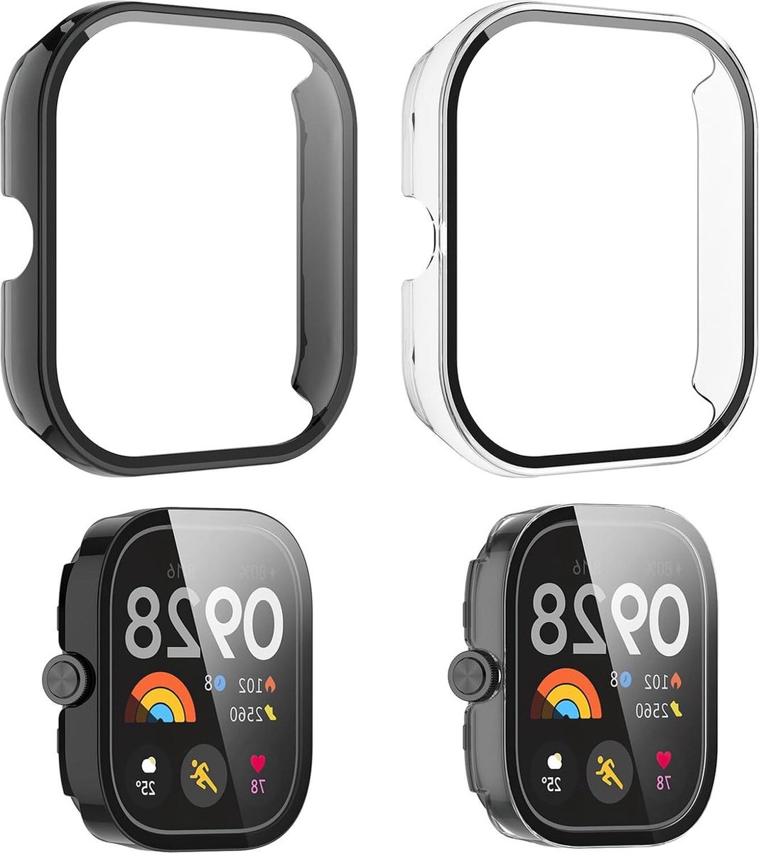 Beschermhoes volledige afdekking van 360 graden compatibel met Xiaomi Redmi Watch 4 - PC met gehard glas - schokbestendig - transparant en zwart - HD-displaybescherming. .
