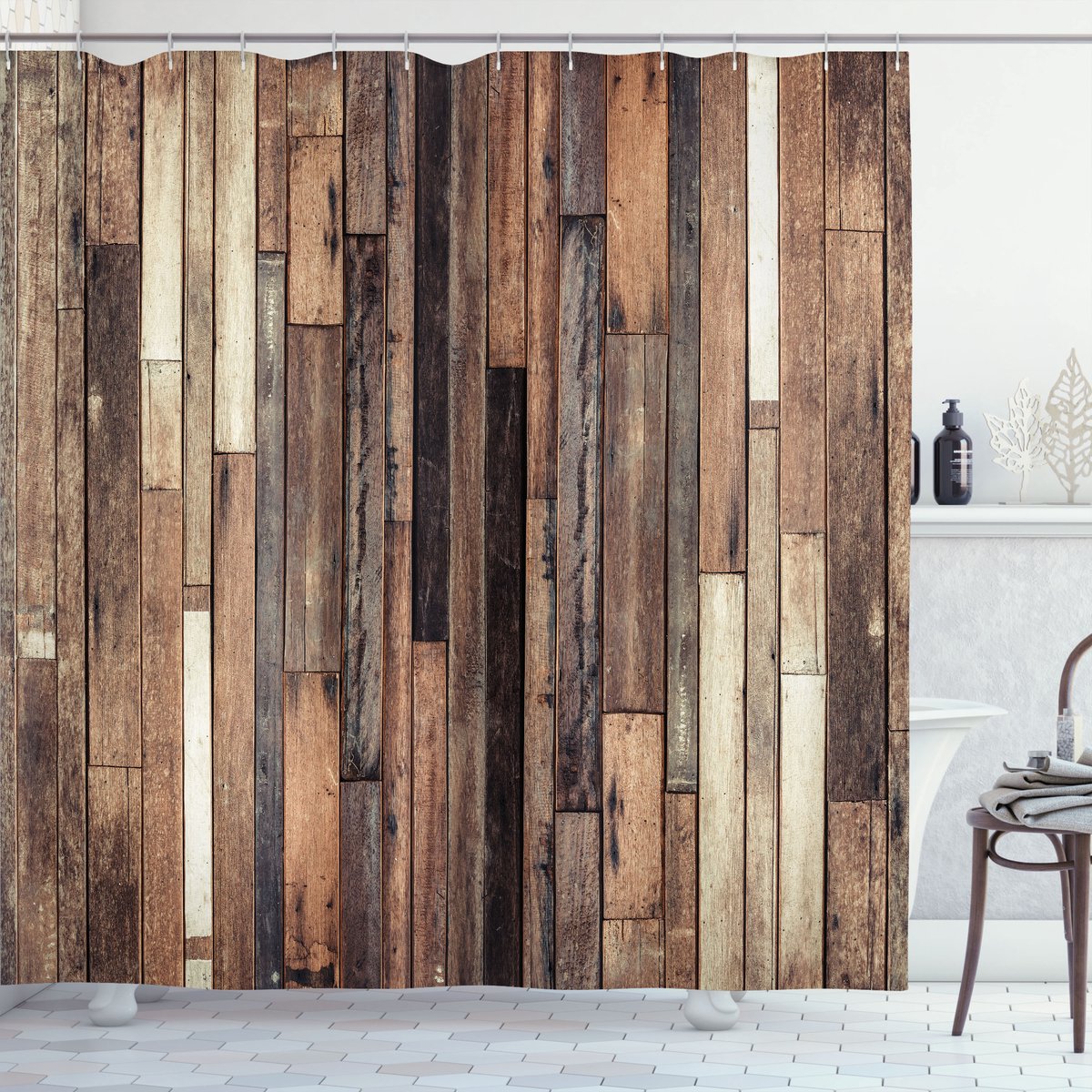 New Bed Houtprint Oude vloer rustieke stijl Douchegordijn Badkamer Decor Set met Haakjes, 180 cm B 200 cm L