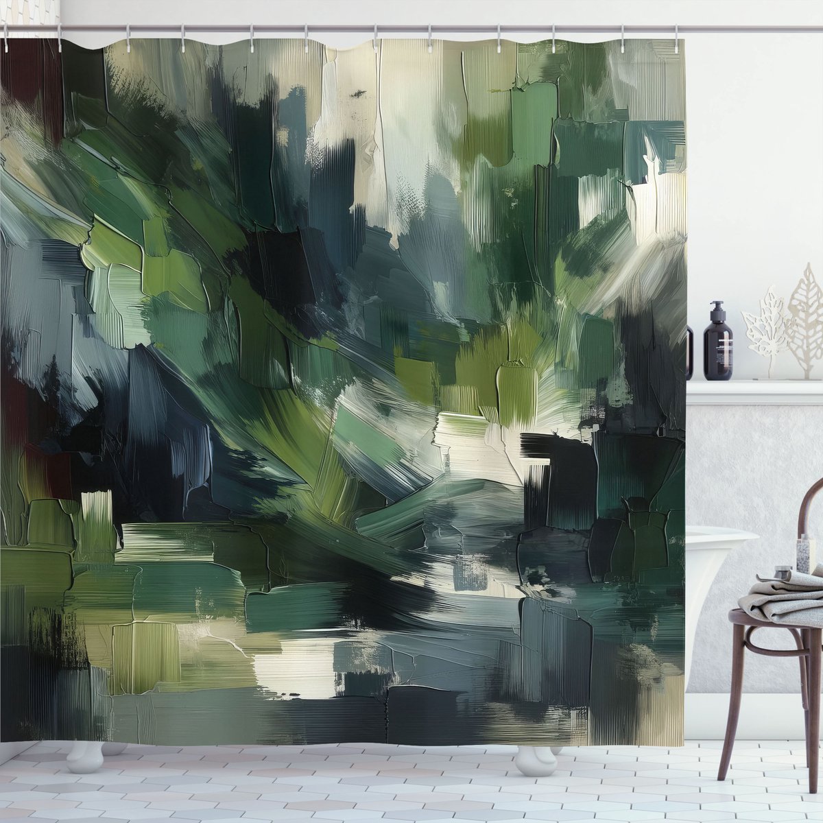 New Bed Donkergroen Diepe natuur abstracte kunst Douchegordijn Badkamer Decor Set met Haakjes, 120 cm B 200 cm L
